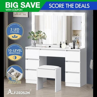 ALFORDSON Dressing Table Stool Set Makeup Mirror Desk LED 12 Bulbs White - image 1 of 4
