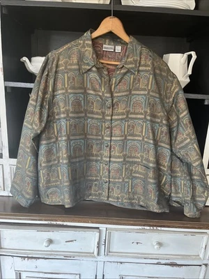 Blusa Chaqueta Chicos Rayón Mezcla Seda Patrón Verde Dorado Para Mujer Talla 3 XL Foto 1 de 4