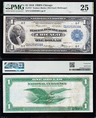 VERY NICE Bold & Crisp VF+ 1918 $1 Chicago FRBN Note! PMG 25! FREE SHIP! 59508A - Image 1 of 3