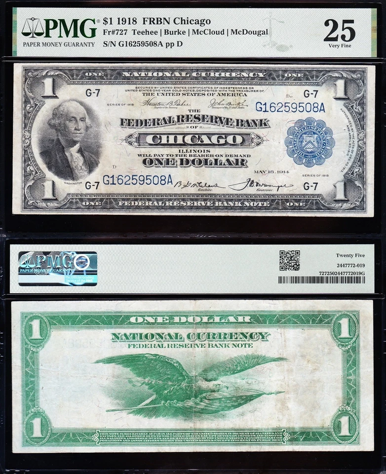 VERY NICE Bold & Crisp VF+ 1918 $1 Chicago FRBN Note! PMG 25! FREE SHIP! 59508A - Image 1 of 3