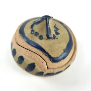 Lidded Trinket Jewelry Box Handmade Studio Pottery Signed Blue Glaze 2.5” - Picture 1 of 18