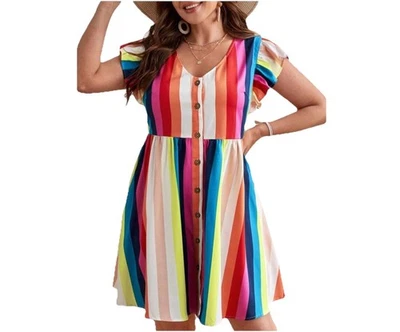 Vestido Arco Iris Rayas Talla 2X Botón Frontal Volantes Manga Boho Retro Festival Foto 1 de 4