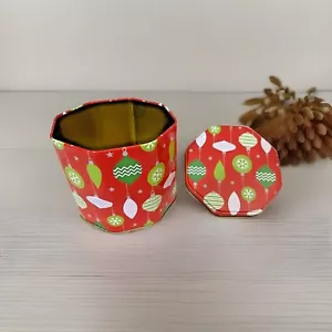 Christmas Holiday Lights Design Octagon (8) Sided Tin Canister Size S Red 4"x5" - Picture 1 of 8