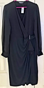 Jacqi E Black Dress Gathered Front Sheer Long Sleeves Midi Size Large / 14 New - Picture 1 of 9