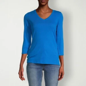 St. John's Bay Misses Size M (8-10) V Neck 3/4 Sleeve T-Shirt- Celebration Blue - Picture 1 of 6