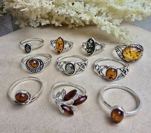 Lotto 10 Ambra Baltica & 925 Massiccio Sterling Argento Sterling Rings - Foto 1 di 12