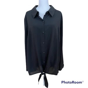 Susan Graver Stretch Woven Tie Button Front Blouse Shirt in Black - Size 18W - Picture 1 of 9