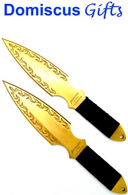 9" NEW AEROBLADES 2 Pc. Gold Fire THROWING KNIVES Throw Knife Set Hunting Blades - Image 1 of 4