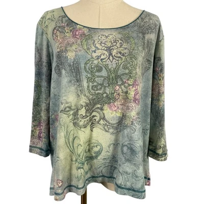 Vintage Y2K 1X Blue Green Floral Damask Leaf Rhinestone Fairycore Whimsical - Image 1 of 4