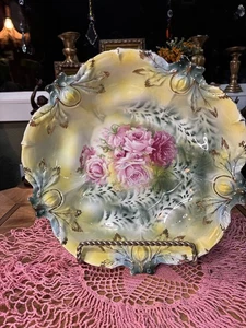 RS Prussia Antique  Pink Rose Floral Bowl Green Yellow Blue Scalloped Edge - Picture 1 of 10