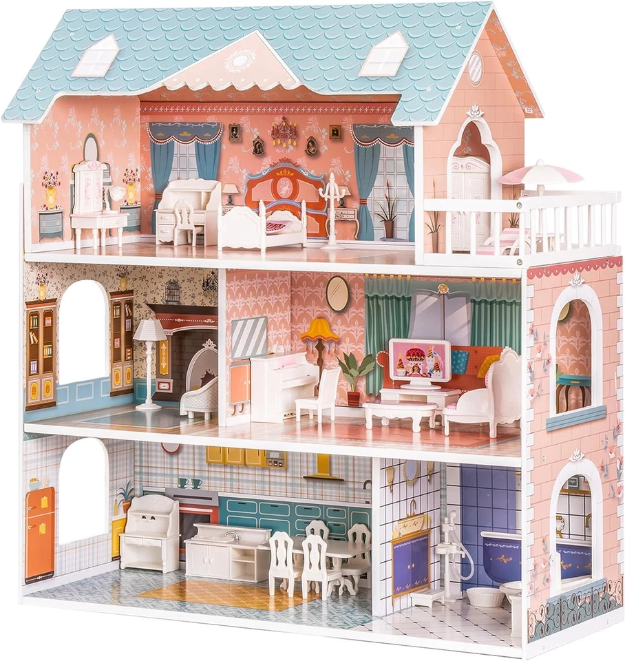 Robud Wooden Dollhouse for Kids Girls Toy Gift for 2 3 4 5 6 Years Old