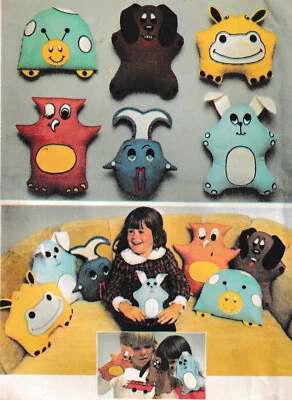 1970s Stuffed Plush Toys Pillows Puppets Pattern Dog Hippo Bunny Owl +Simplicity - Image 1 of 4