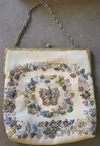 Rare  50's DELILL Beaded Embroidered Needlepoint Handbag With Chain Butterfly - Picture 1 of 4