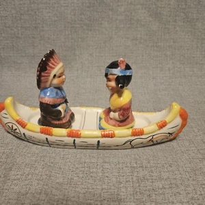 Vintage Native American Man and Woman in Canoe Salt and Pepper  - Picture 1 of 19