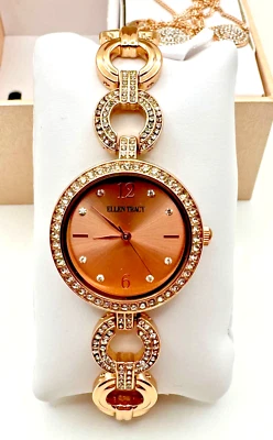 Ellen Tracy Rose-gold Watch/Necklace/Earring Box Set Chronograph Timepiece - Image 1 of 4