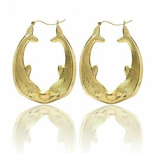 10k Yellow Gold Friendship Love Hoop Earrings with Kissing Dolphin Design