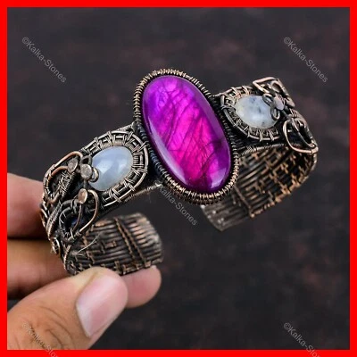 Pulseira oval roxa fogo labradorita pedra arco-íris pedra da lua fio de cobre envolto - Imagem 1 de 4