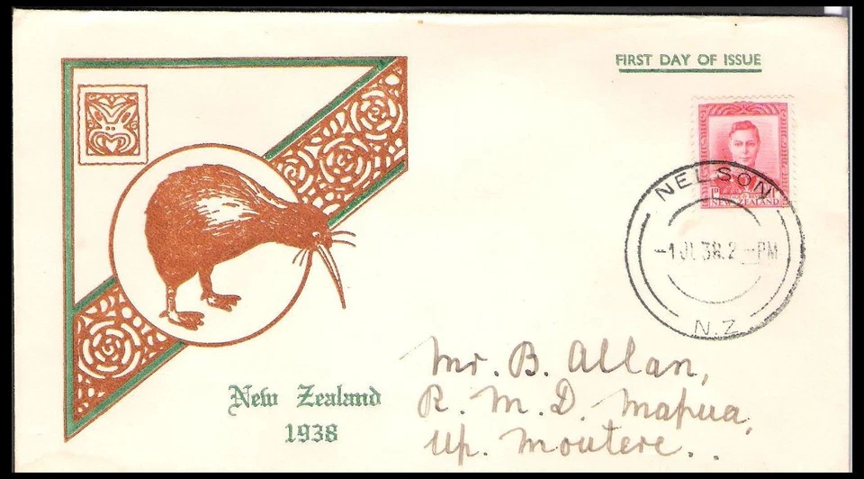 NEW ZEALAND 1938 KGVI 1d RED 'GREEN & BROWN FRAME' FDC (JF) *NELSON* - Image 1 of 1