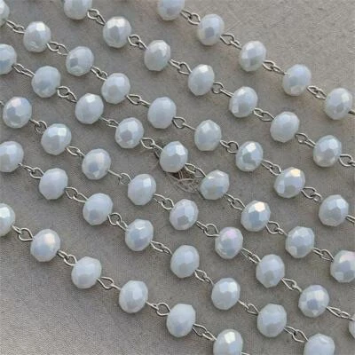 Cadena de plata rosario con cuentas rondelle cristal AB blanco tiza 8 mm 2 pies por paquete Foto 1 de 3