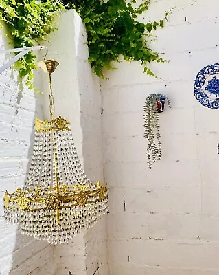 35" x 17" Vintage French Empire Chandelier Tiered Crystal Gold Brass Hollywood - Image 1 of 4