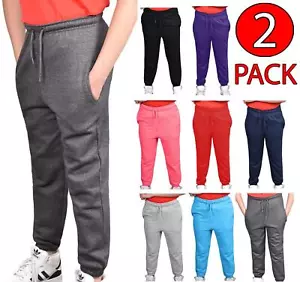 Jogging Bottoms Pack of 2 Kids Boys Girls Warm Fleece PE Plain Tracksuit Joggers - Picture 1 of 62