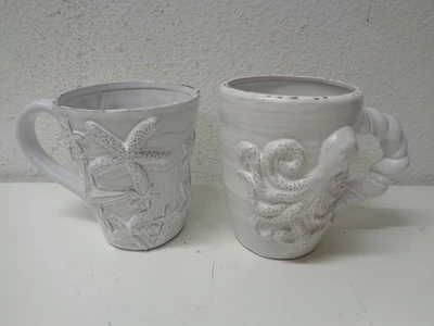 Lote de 2 tazas de café grandes de pulpo y estrellas de mar lavadas blancas Mud Pie Foto 1 de 4
