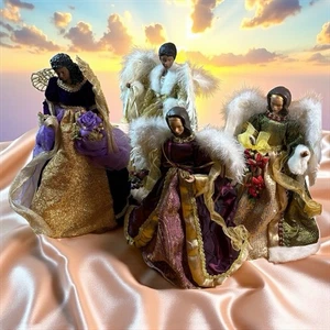 Set of 4 Multicultural Angel Tree Toppers 15” Christmas Decor Gold Purple Green - Picture 1 of 24