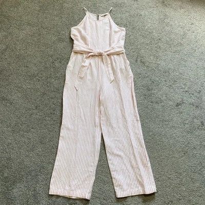 Loft Jumpsuit 4P Orange Stripe Linen Blend Tie Waist Wide Leg Beach Boho NEW $99 - Image 1 of 4