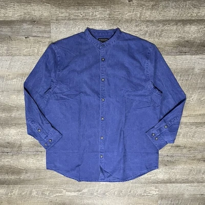 Винтажная мужская рубашка J Peterman на пуговицах с большой лентой и синим лезвием без воротника - Изображение 1 из 4