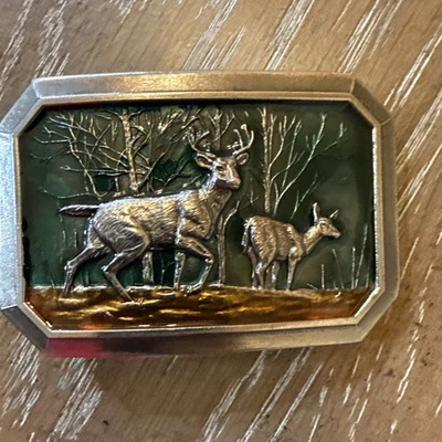 Brass Belt Buckle Buck Doe Deer In The Woods D 520 1986 - Image 1 of 3