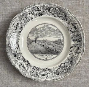 Antik H B Choisy schwarz Transferware Fayence 8,25" Teller Vernon Chemin De Fer 3 - Bild 1 von 6