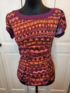 Vintage Y2K lila rosa Herz Print Top Raffung Criss Cross Back Trixxi S 00s - Bild 1 von 7