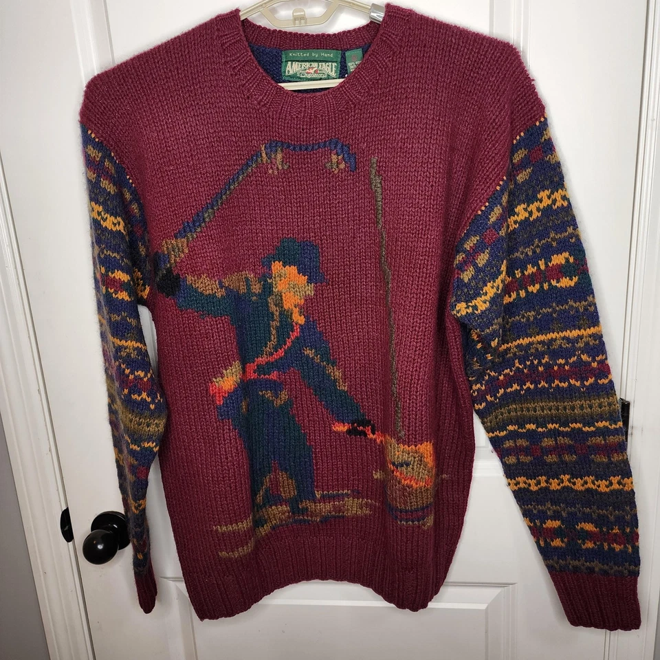 Suéter De Colección American Eagle Outfitters Para Hombres XL Borgoña Lana Pescador Años 90 Foto 1 de 4