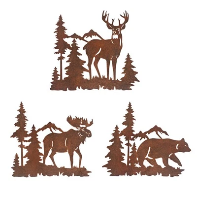 Limygus metal wall art decor deer bear moose in forest pine tree, 9.3 inch set - Image 1 of 4