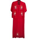 Embroidered Linen 2 pc Maxi Dress Jacket Set Red Crane Bird Japanese Floral 14