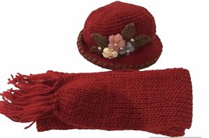 2 PC Set Knitted Bowler Hat & Scarf, Hand Made 3D Flower, Faux Pearl. Ultra Soft