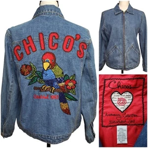 Chico's Anniversary Full Zip Jacket Size 1 Medium Blue Denim Embroidered Back - Picture 1 of 10
