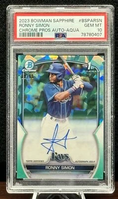 RONNY SIMON 2023 Bowman Sapphire Chrome Rookie Aqua Refractor RC Auto /99 PSA 10 - Image 1 of 2