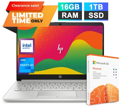 HP Laptop Computer 14" HD Intel Pentium Upto 3.8GHz 16GB RAM & 1TB SSD Win 11Pro - Image 1 of 4