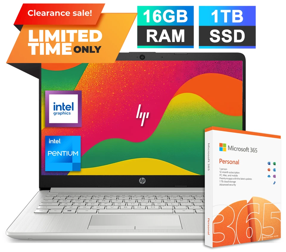 HP Laptop Computer 14" HD Intel Pentium Upto 3.8GHz 16GB RAM & 1TB SSD Win 11Pro - Image 1 of 4