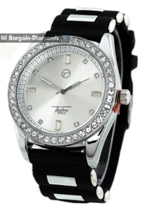 Mens Silver tone CZ Clubbing Watch-Bezel-Dial Black Strap Silver Bullets to 9.5" - Picture 1 of 8