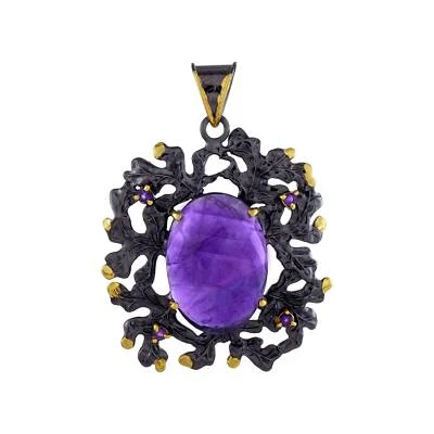 Collana ametista ciondolo argento viola sterling vintage taglio rosa naturale - Immagine 1 di 4