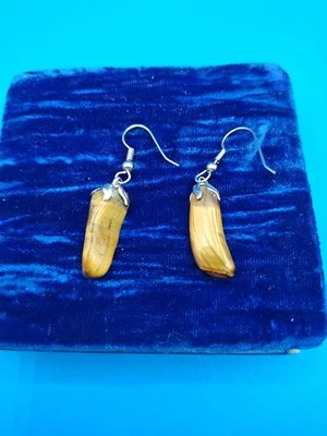 Vintage Tigers Eye Stone Block Dangle Earrings Brown Tan - Image 1 of 3