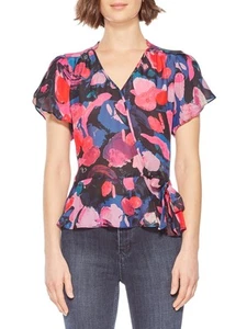 PARKER Womens Pink Sheer Tie Printed Short Sleeve V Neck Top S - Picture 1 of 3