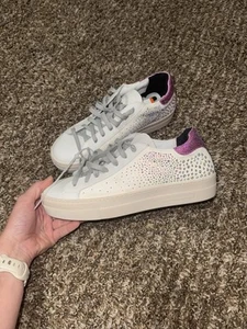 NEU P448 Thea Plateau Sneaker weiß mit rosa, grauen Schnürsenkeln, Strass Gr. 41 - Bild 1 von 9