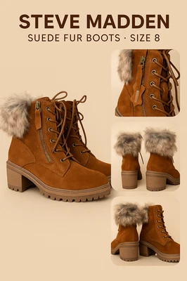 Steve Madden 麂皮绒人造毛皮系带踝靴棕色女式 8 码粗跟 — 第 1/4 张图片