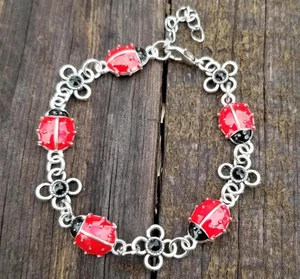 Silver Ladybug Bracelet, Crystal Ladybug Charm Bracelet, Ladybug Jewelry - Picture 1 of 6