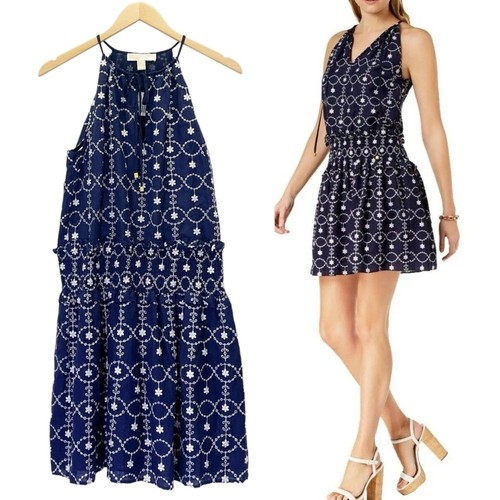 Abito Michael Kors blu navy e bianco ricamato floreale Halter taglia small nuovo con etichette