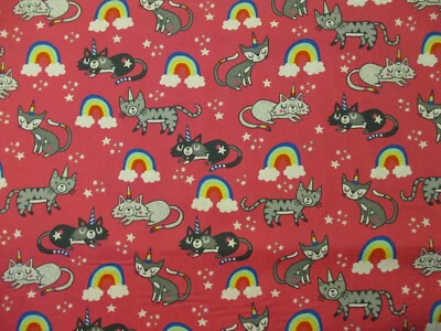 CATS UNICORNS CAT UNICORN RAINBOW BRIGHT COLORS PINK COTTON FABRIC FQ  - Image 1 of 4