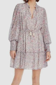 $679 Lini Women's Ivory Paisley Print Tassel Split Neck Long Sleeve Mini Dress L - Picture 1 of 1